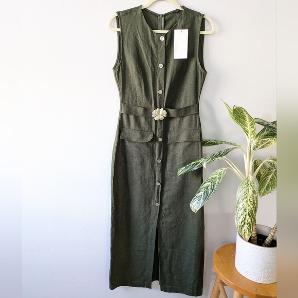 NEW Zara Linen Olive Green Sleeveless Midi Dress - Picture 4 of 9